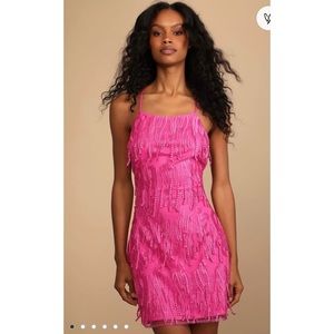 Making Magic Bright Pink Fringe Lace-Up Mini Dress